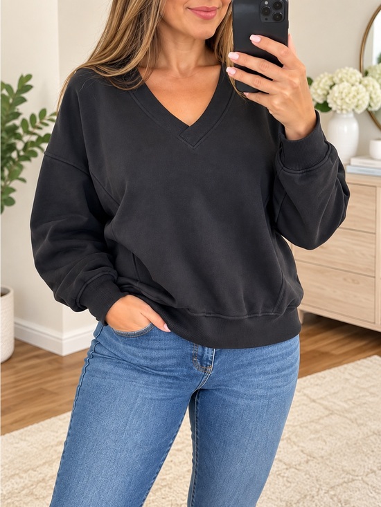JoyLab Sweaters - JoyLab Womens Black V-Neck Fleece Pullover Sweatshirt Oversized XL Long Sleeve